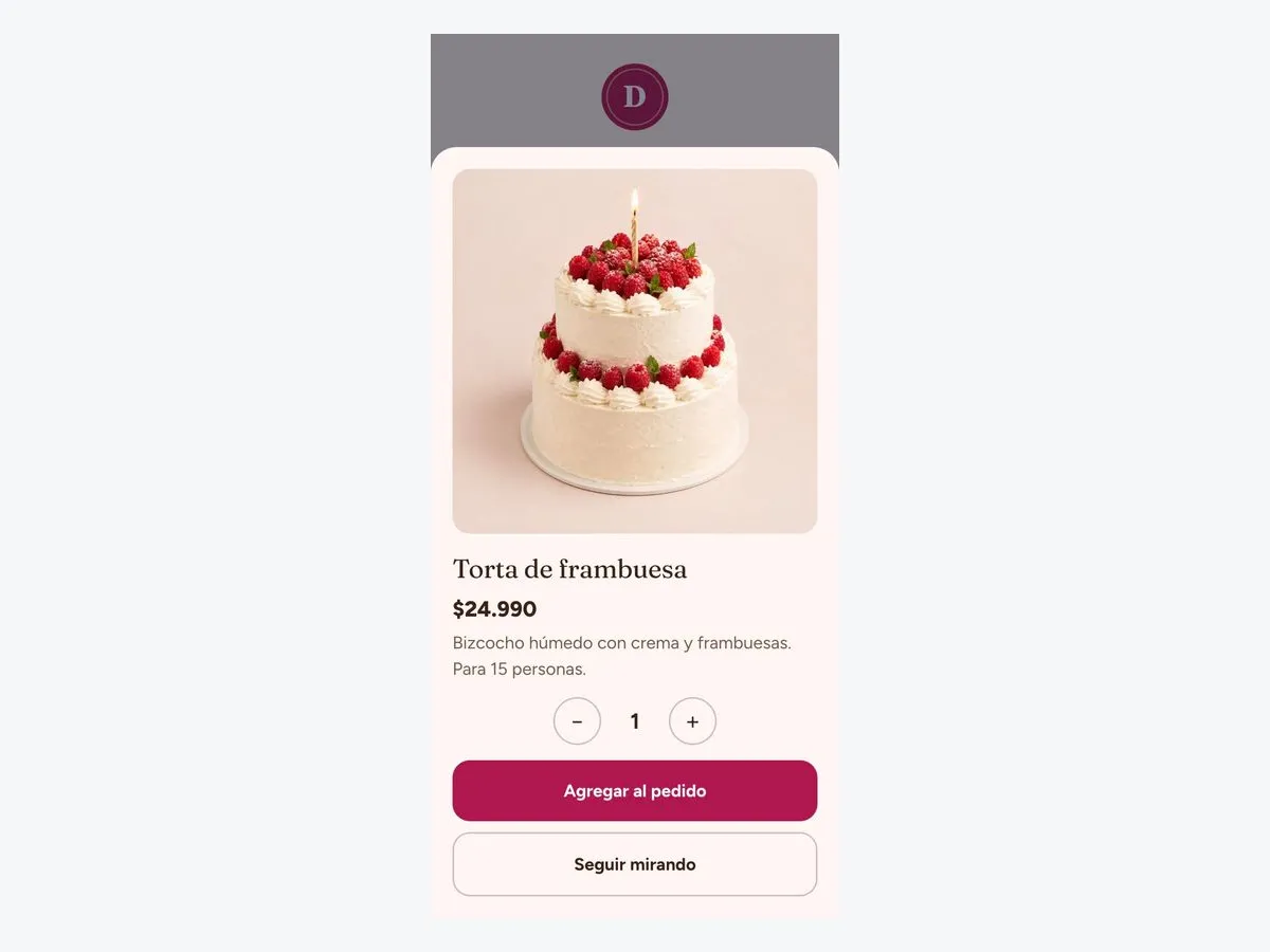 Ficha de una torta con foto, precio, descripción y el botón para agregar al pedido.