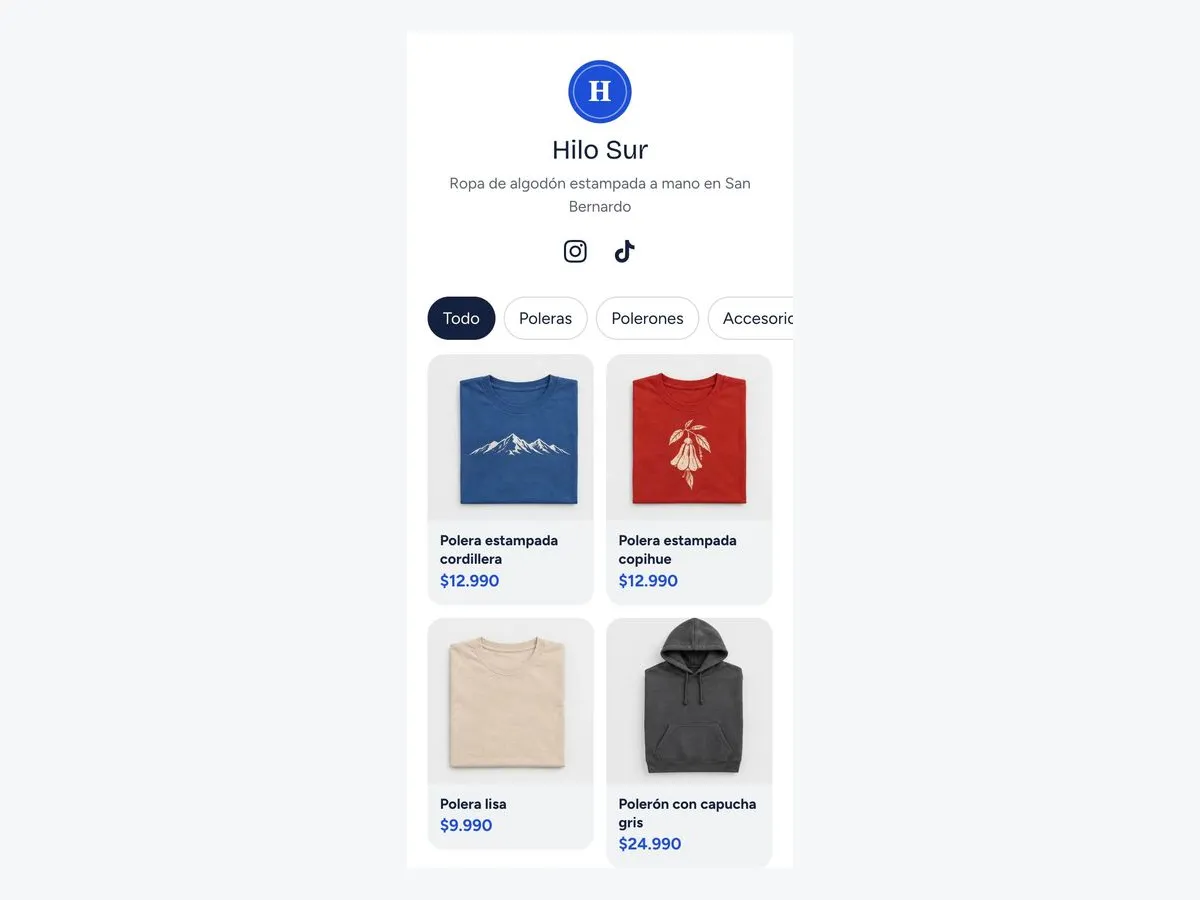 Tienda de ropa en el celular, con poleras y un polerón y sus precios.